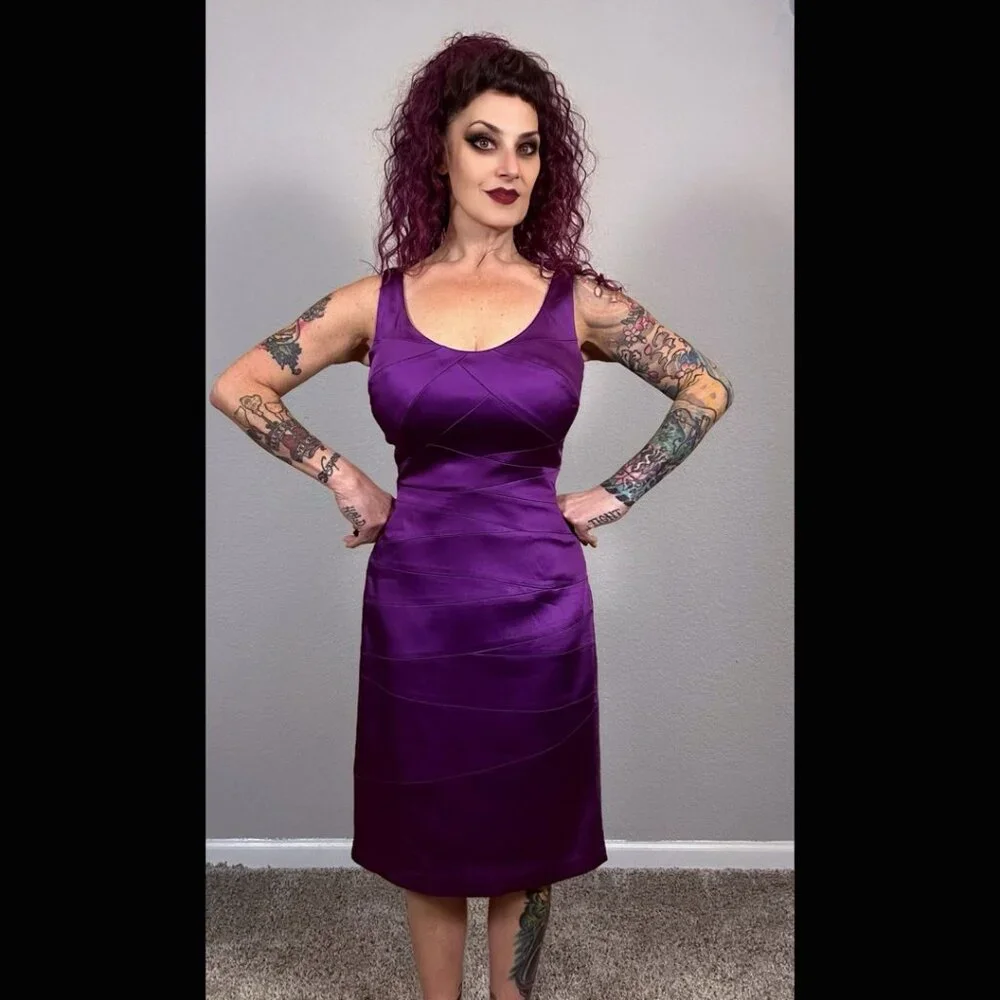 90s Jax Purple Sheath Dress Bodycon 60s Retro Mod MCM Pinup Rockabilly 10 - Picture 1 of 13